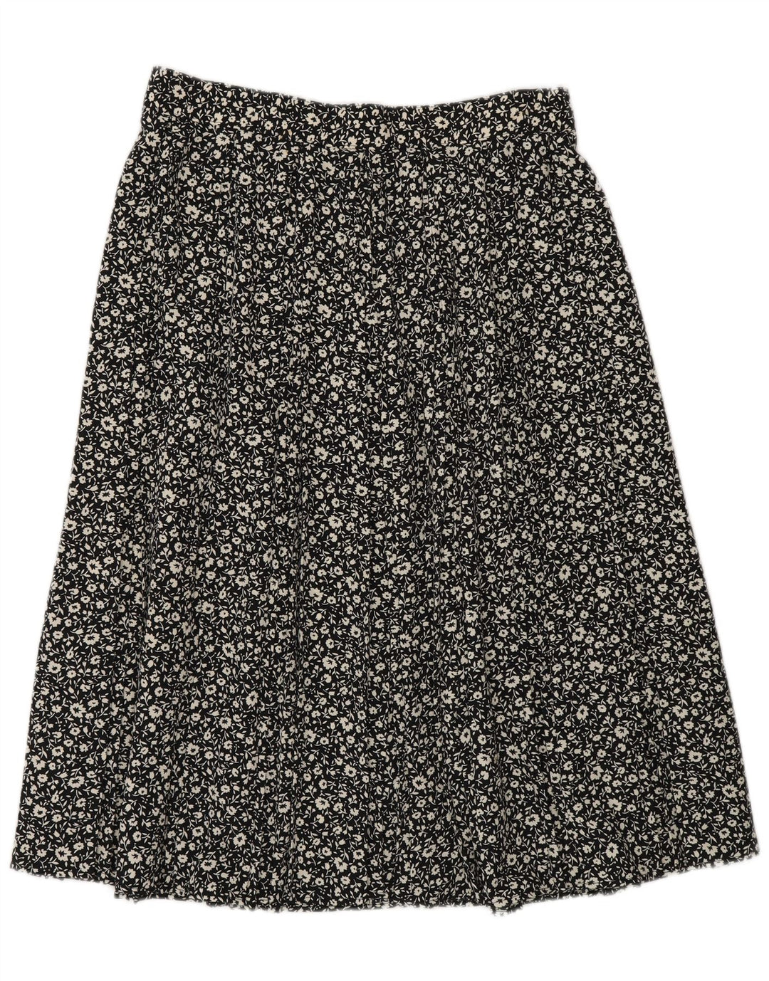 Saia feminina St Michael A-Line UK 16 grande W30 poliéster floral preto