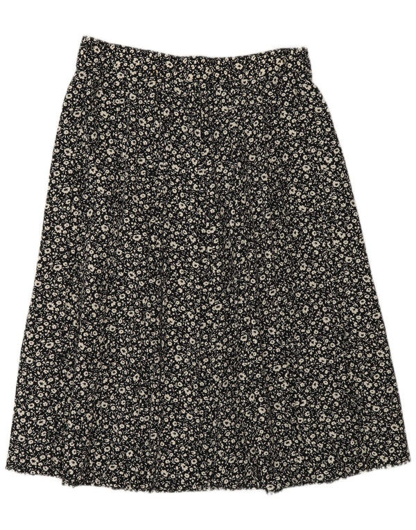 Saia feminina St Michael A-Line UK 16 grande W30 poliéster floral preto