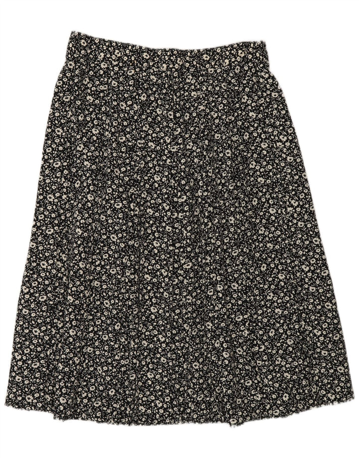 Saia feminina St Michael A-Line UK 16 grande W30 poliéster floral preto