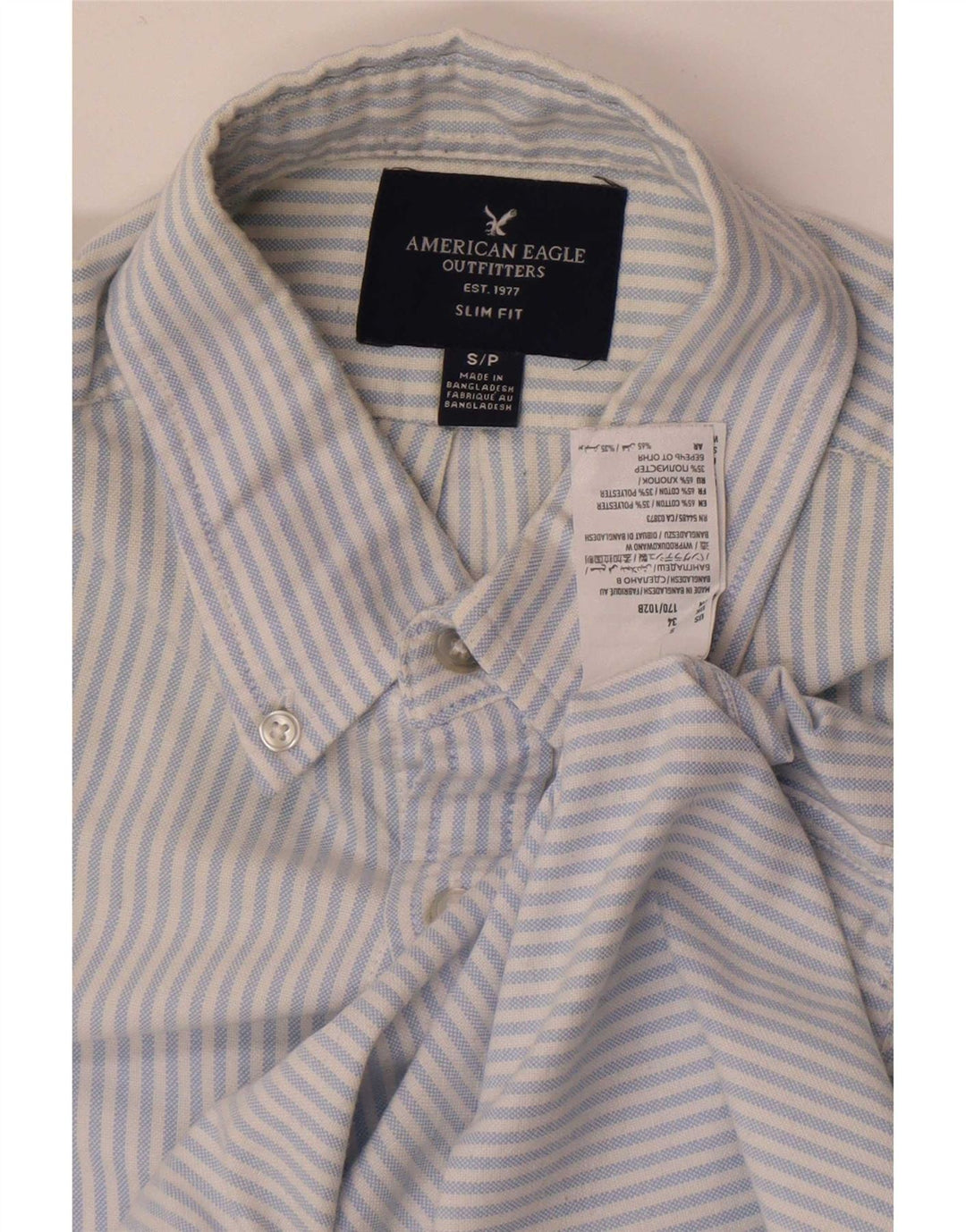 Camisa masculina American Eagle Slim Fit pequena listrada azul de algodão