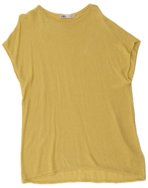 Suéter feminino Zara de manga curta com gola canoa Reino Unido 16 grande algodão amarelo