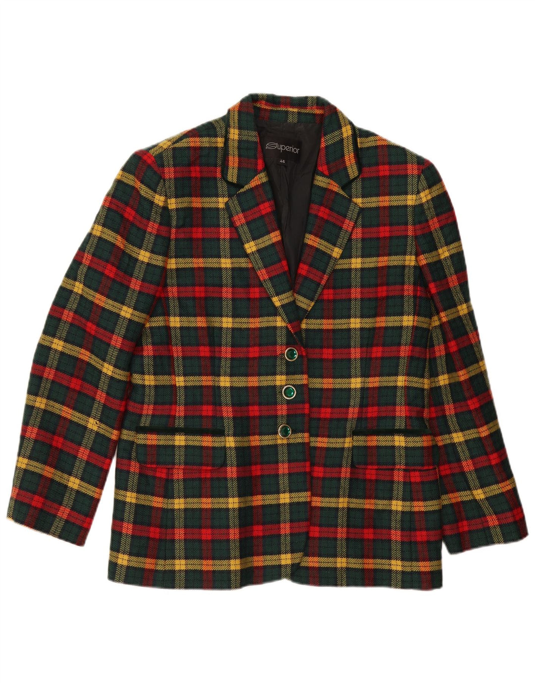 Revestimento do blazer do botão das mulheres superiores 3 ele 46 grandes lãs verdes do Virgin da verificação