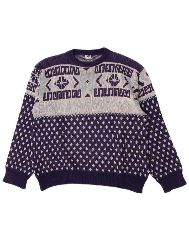 Suéter vintage masculino com gola redonda, médio azul marinho geométrico