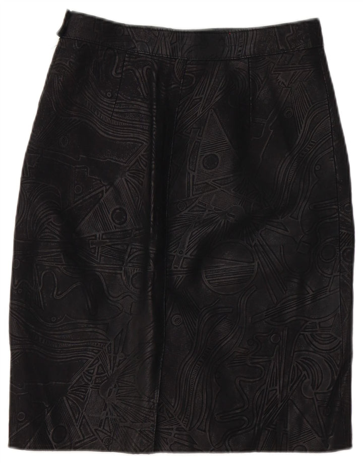 Saia de couro feminina vintage W26 pequena geométrica preta