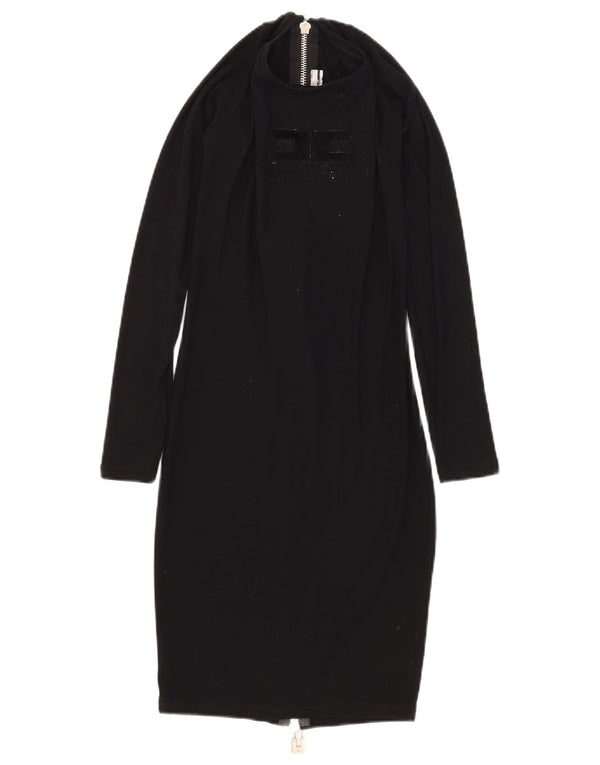 Elisabetta Franchi Vestido feminino estampado bodycon Reino Unido 8 pequeno preto viscose