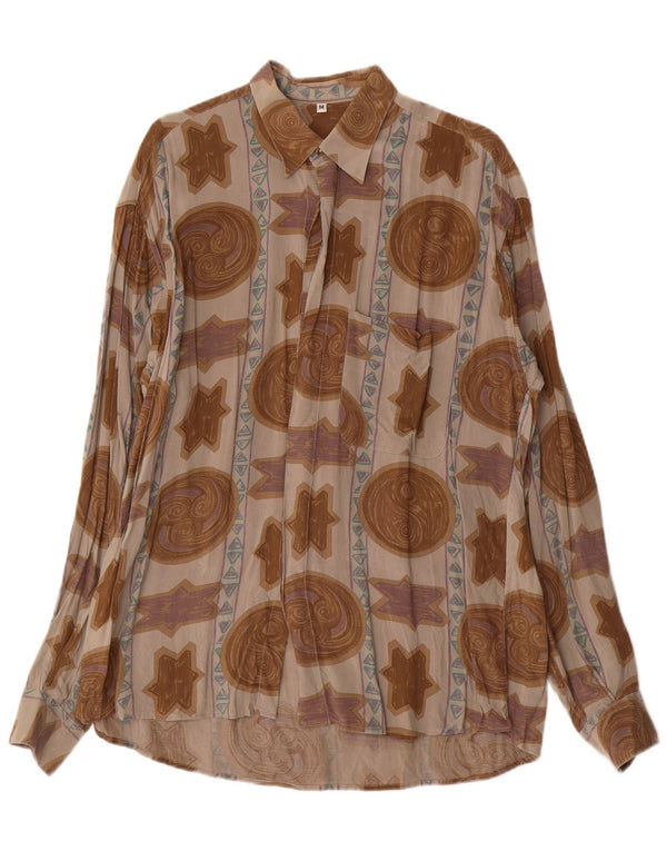Camisa masculina vintage com padrão abstrato viscose marrom médio