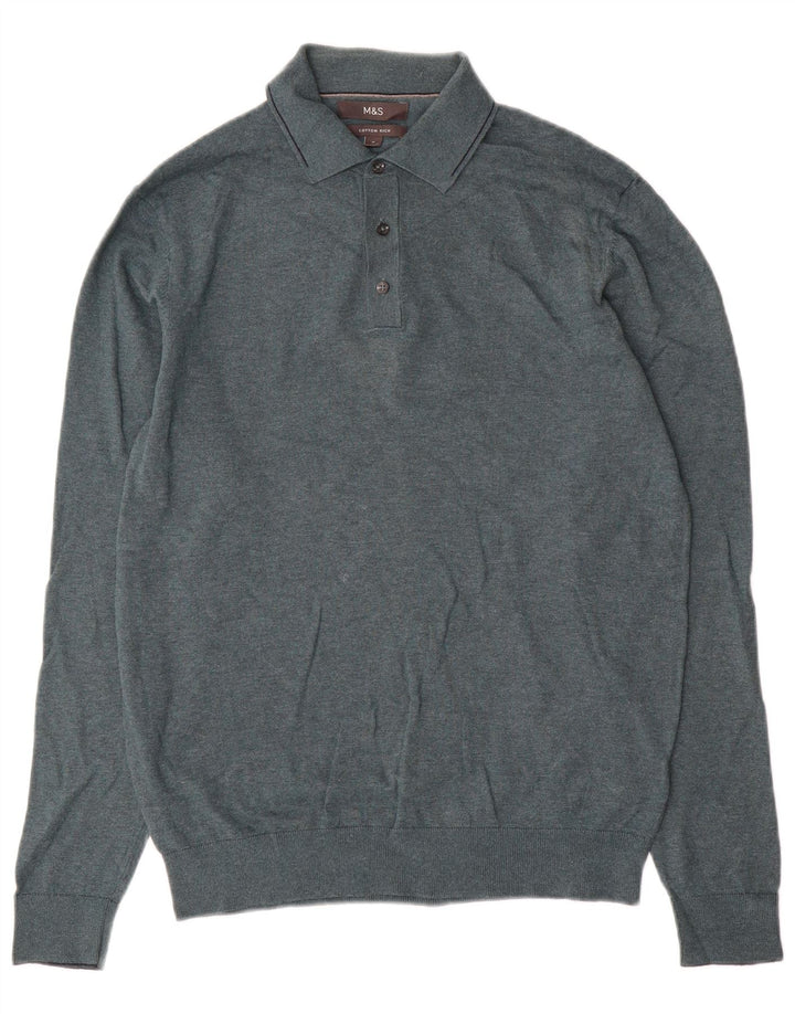 Suéter masculino Marks & Spencer com gola polo e algodão verde médio