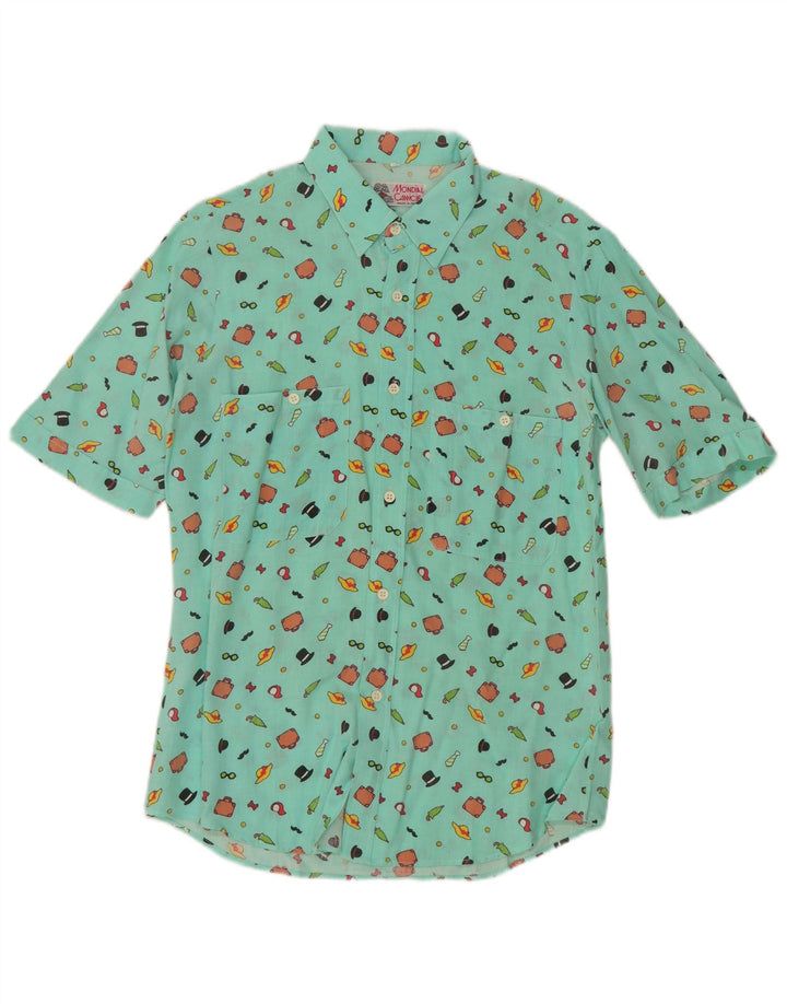 Camisa feminina vintage de manga curta com padrão abstrato Reino Unido 12 verde médio