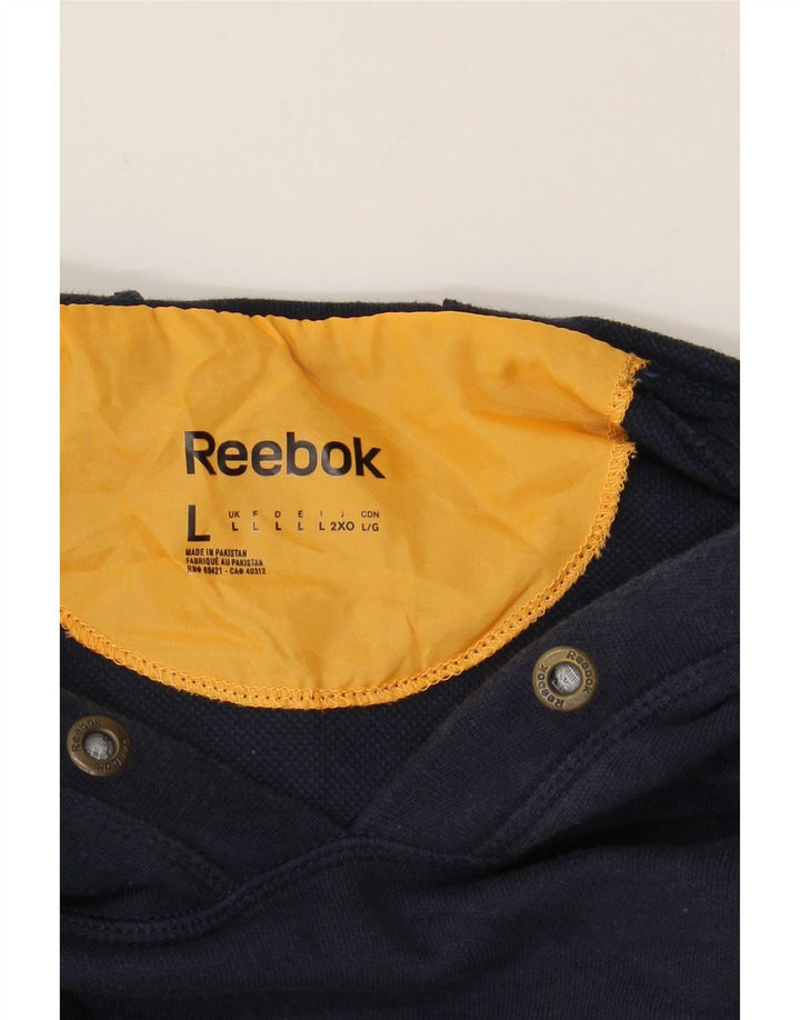 REEBOK Mens Graphic Hoodie Jumper Large Navy Blue Cotton Vintage Reebok and Second-Hand Reebok from Messina Hembry 
