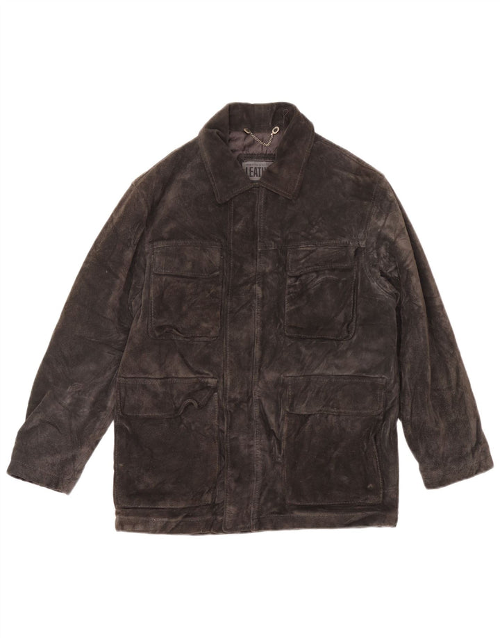 Jaqueta corta-vento grande de camurça feminina vintage Reino Unido 10 couro cinza pequeno