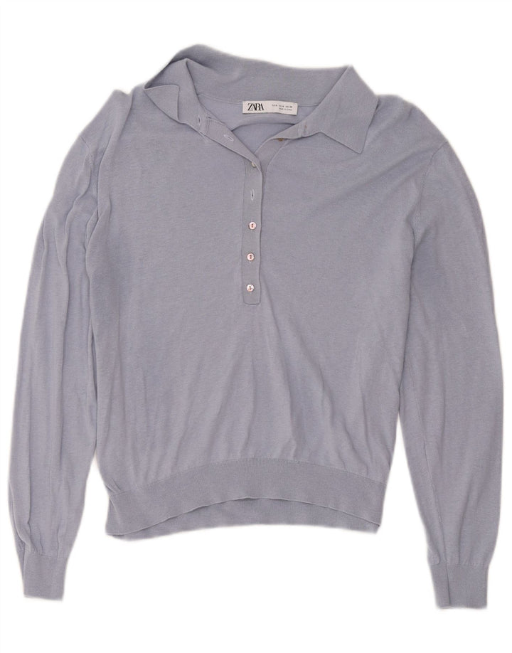Suéter Zara feminino com gola polo e gola polo, azul médio, 12
