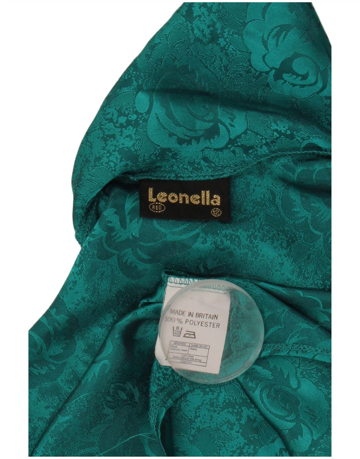 Blusa feminina vintage com gravata frontal Reino Unido 12 poliéster floral verde médio