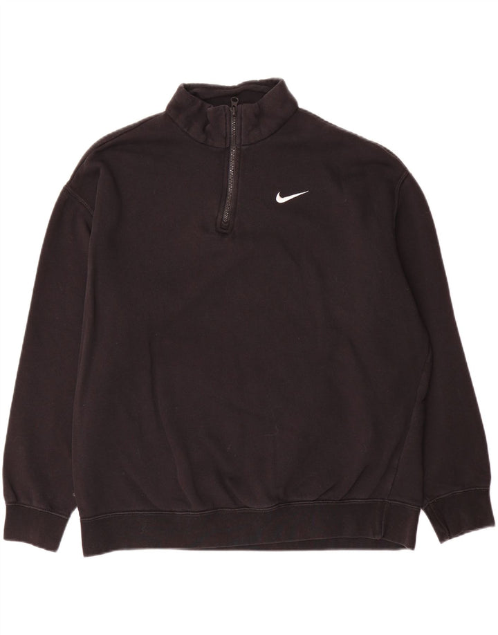 NIKE Mens Loose Fit Zip Neck Moletom Jumper Pequeno Algodão Preto