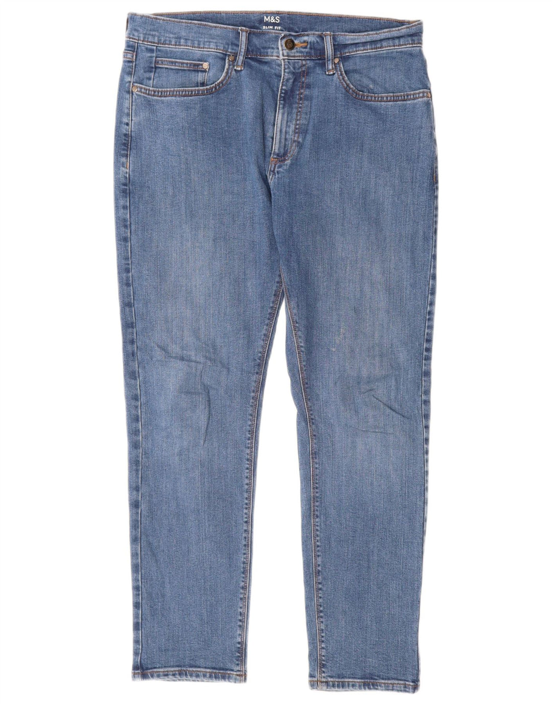 Jeans justos femininos Marks & Spencer W32 L29 algodão azul