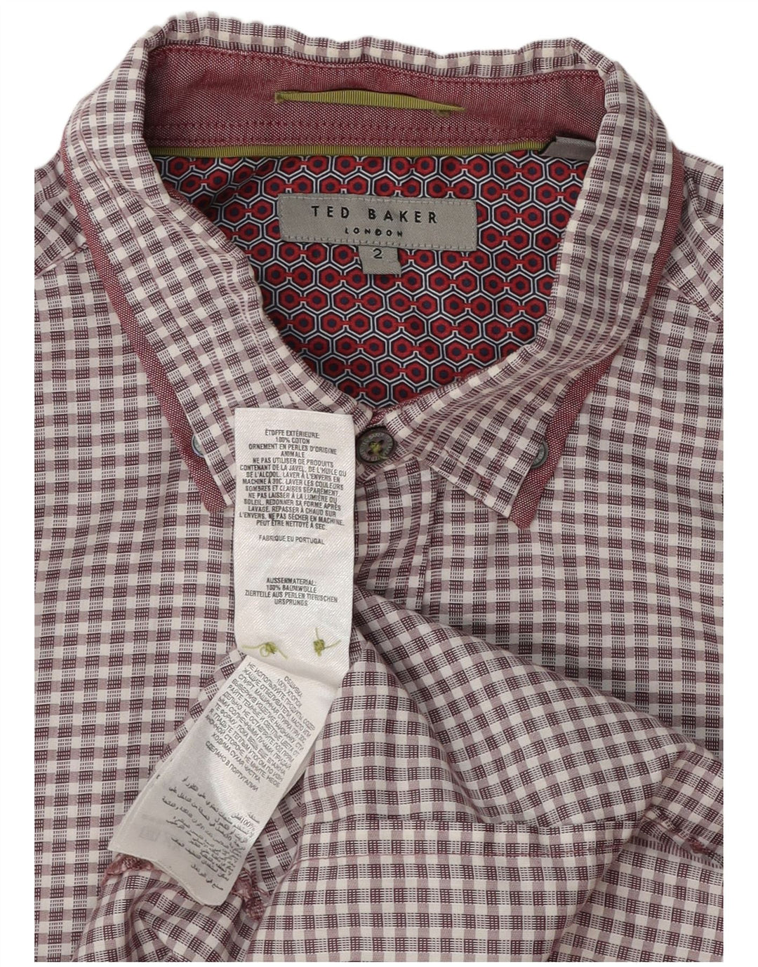 Camisa masculina Ted Baker tamanho 2 pequeno algodão gingham cor de vinho