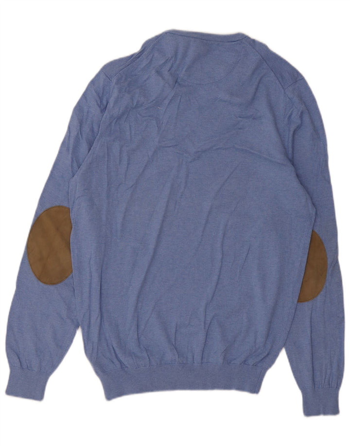 Suéter masculino Massimo Dutti com decote em V de algodão azul médio