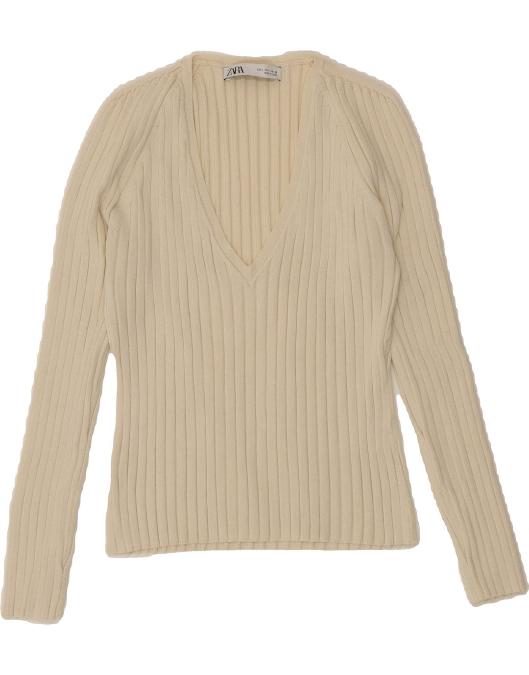 ZARA Womens V-Neck Jumper Sweater UK 14 Large Off White Cotton Vintage Zara and Second-Hand Zara from Messina Hembry 
