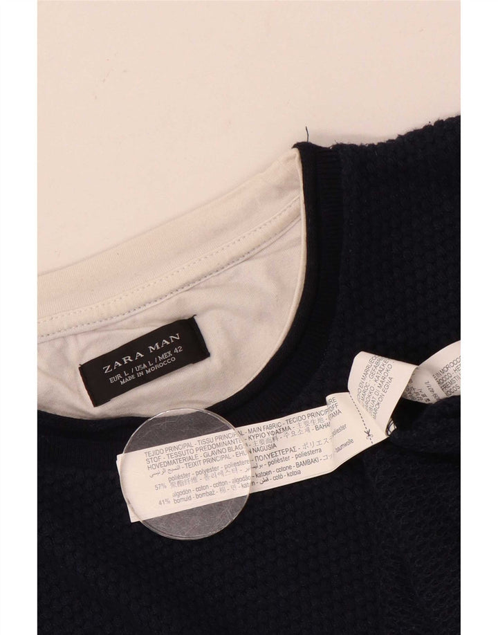 Zara Suéter masculino com gola redonda grande poliéster azul marinho