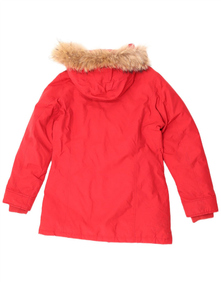 Jaqueta acolchoada com capuz feminino Rifle UK 14 algodão vermelho médio