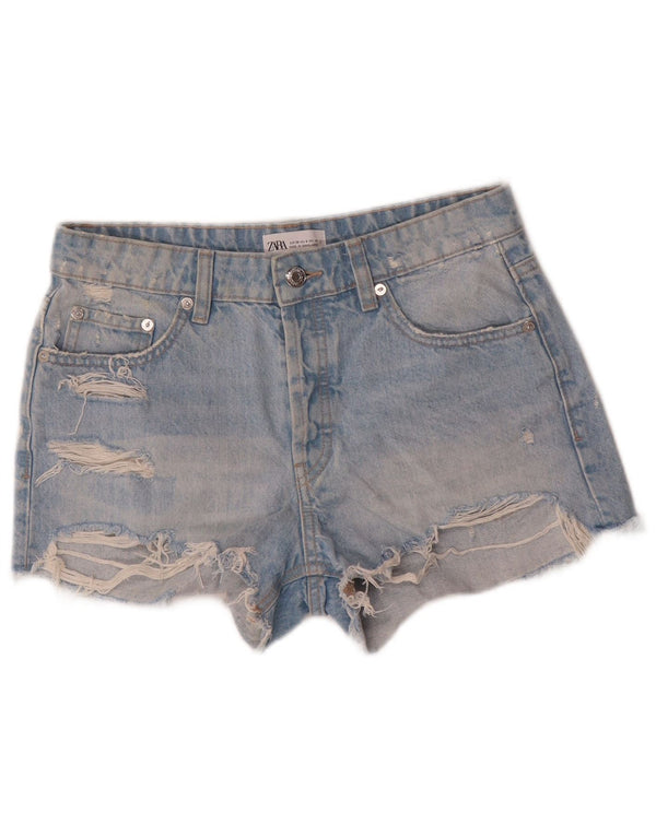 Zara Shorts jeans feminino desgastado UE 38 pequeno W28 algodão azul