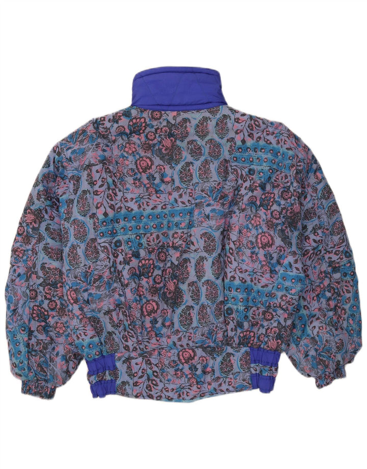 Jaqueta de esqui solta feminina vintage Reino Unido 12 poliamida floral azul médio