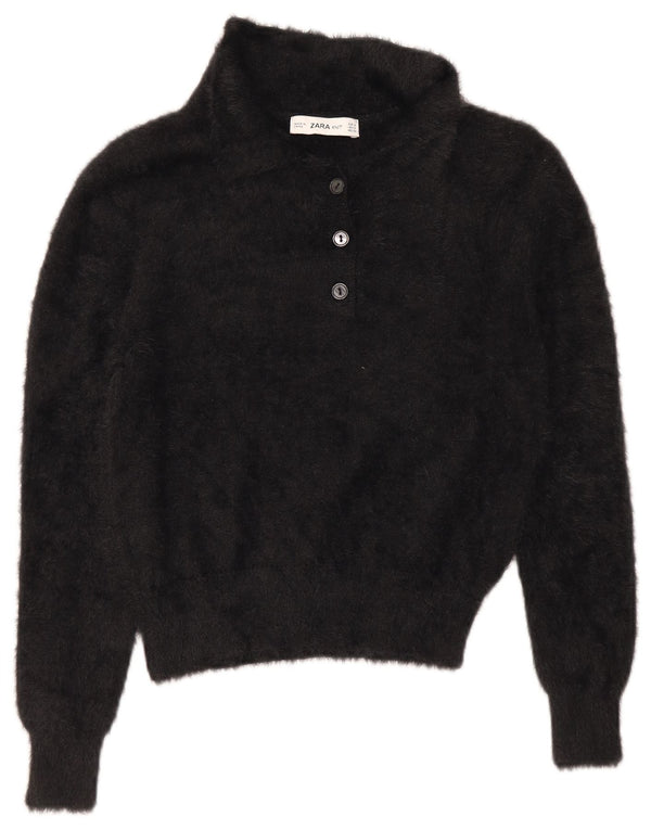 Zara Suéter feminino cropped com gola polo Reino Unido 10 pequeno preto nylon