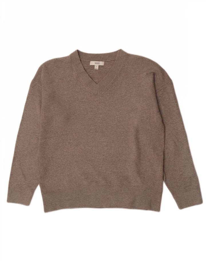 Suéter feminino Marks & Spencer com decote em V Reino Unido 14 poliéster cinza médio