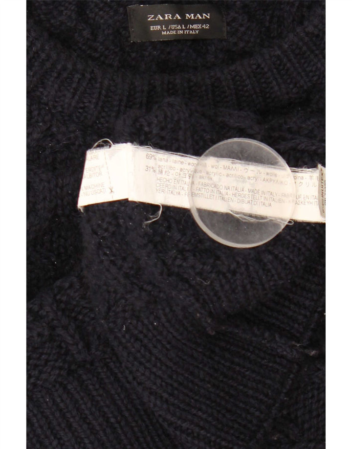 Suéter masculino Zara com gola canoa grande de lã azul marinho