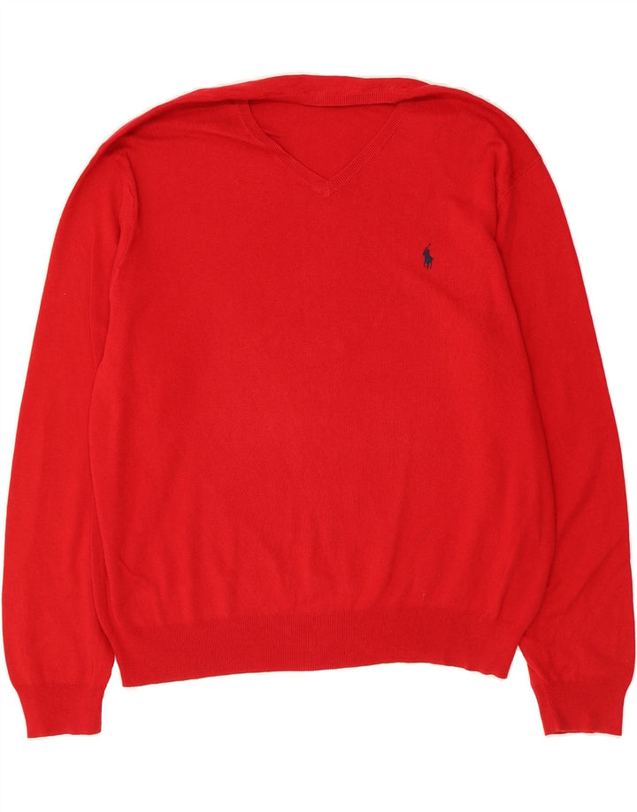 POLO RALPH LAUREN Mens V-Neck Jumper Sweater 2XL Red Cotton Vintage Polo Ralph Lauren and Second-Hand Polo Ralph Lauren from Messina Hembry 