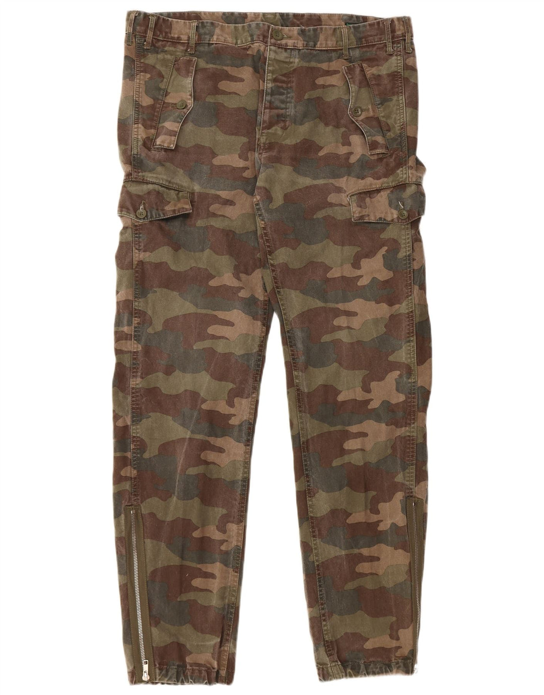 Calça cargo masculina BENETTON IT 50 grande W36 L32 camuflagem cáqui