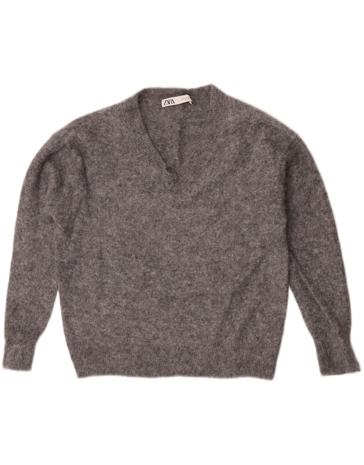 Zara Suéter feminino oversized com decote em V Reino Unido 10 pequeno cinza manchado