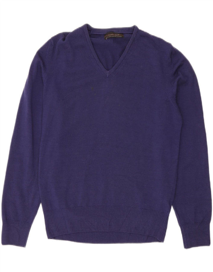 Suéter masculino Zara com decote em V de lã roxa média