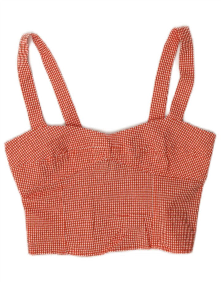 Top curto feminino sem mangas Zara Reino Unido 8 pequeno algodão guingão vermelho