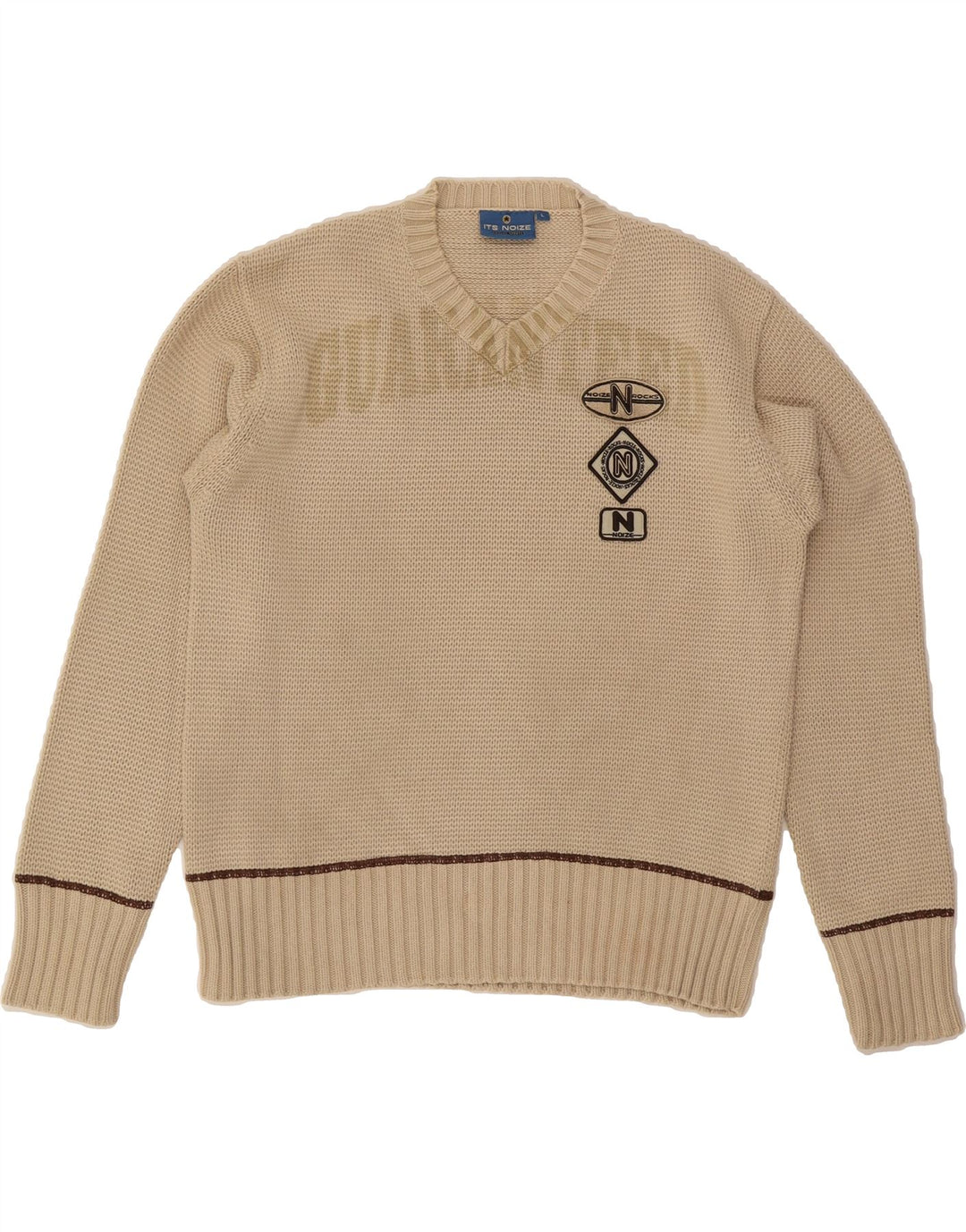 VINTAGE Mens Graphic V-Neck Jumper Sweater Large Beige Cotton Vintage Vintage and Second-Hand Vintage from Messina Hembry 