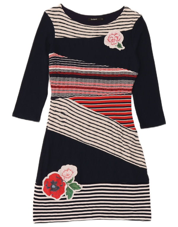 Vestido feminino Desigual manga 3/4 com bainha UK 12 viscose listrada preta média