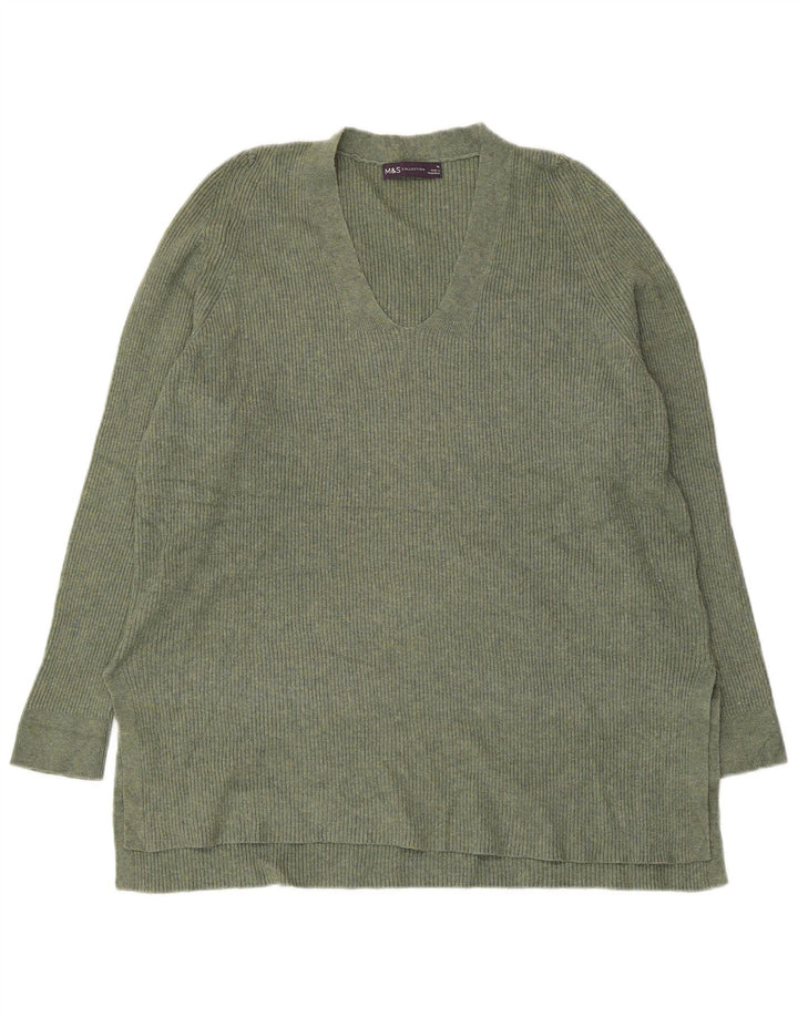 MARKS & SPENCER Suéter feminino com decote em V Reino Unido 16 grande poliéster verde