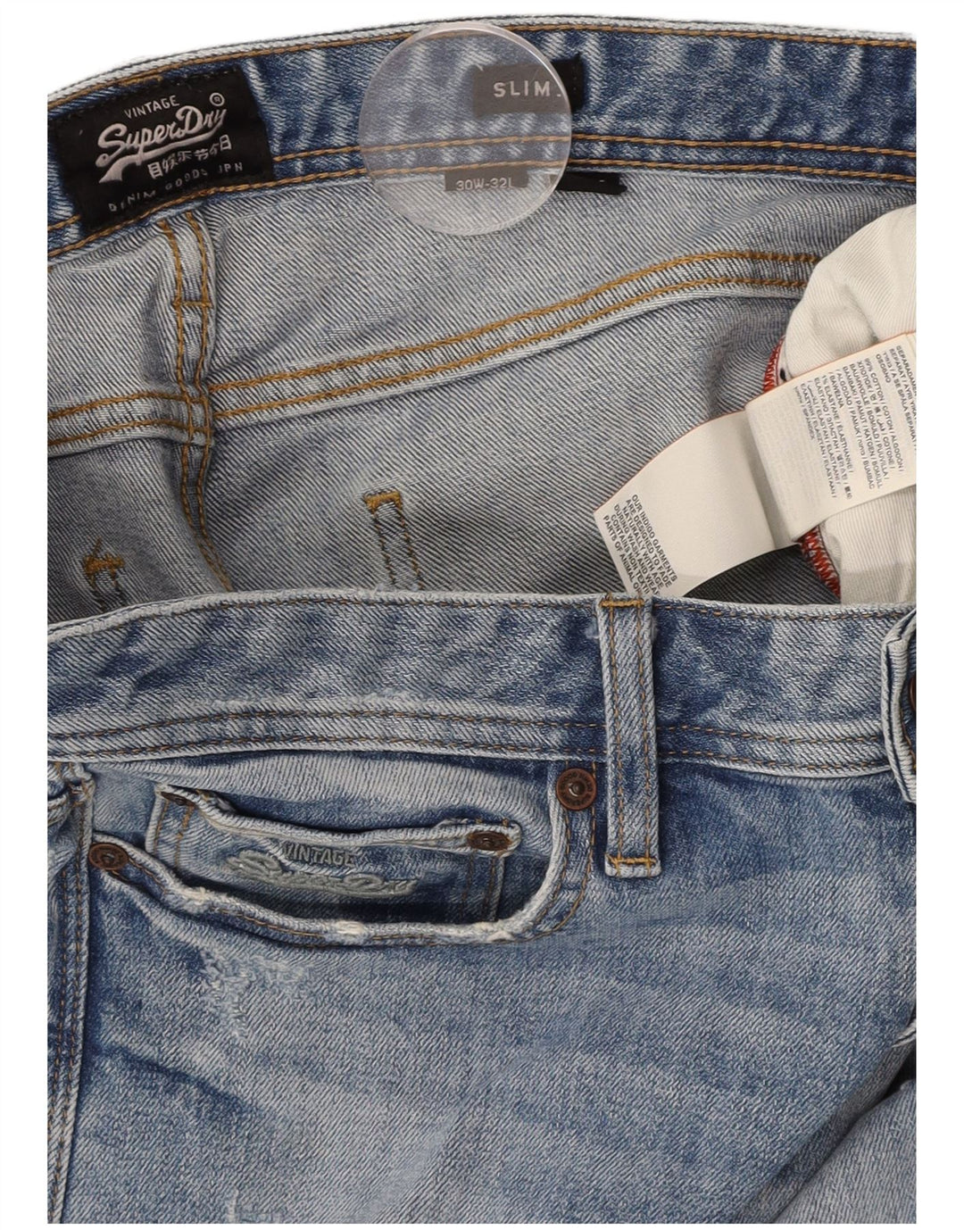 Jeans slim masculino SUPERDRY desgastado W30 L32 algodão azul