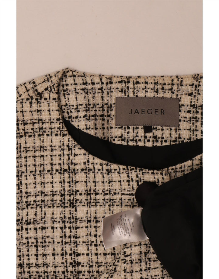 Jaqueta blazer feminina Jaeger com 4 botões e manga 3/4 Reino Unido 16 xadrez bege grande