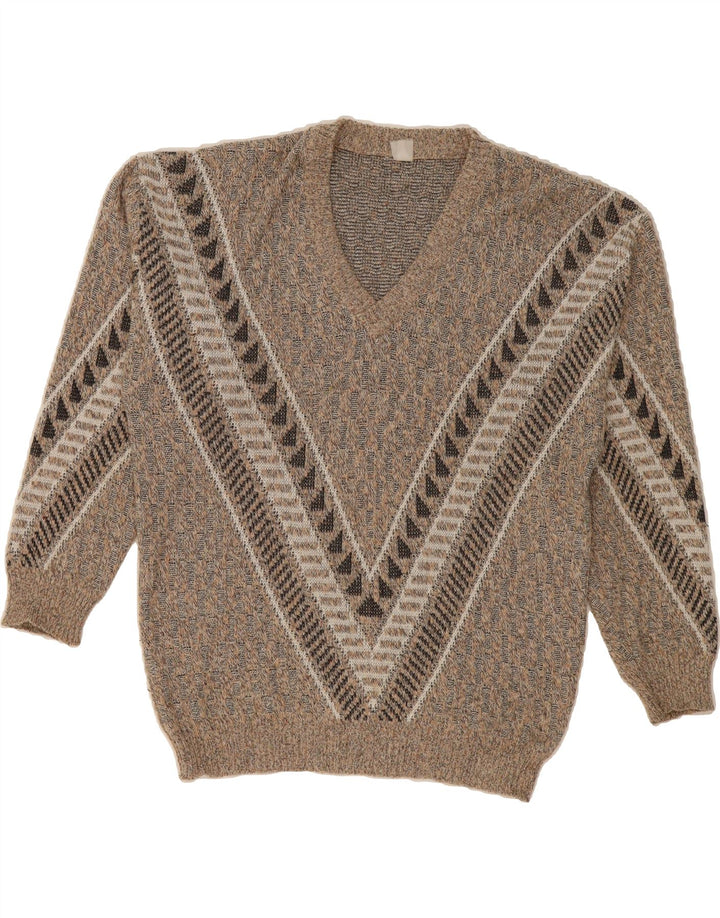 VINTAGE Mens V-Neck Jumper Sweater IT 52/54 Large Beige Striped Vintage Vintage and Second-Hand Vintage from Messina Hembry 