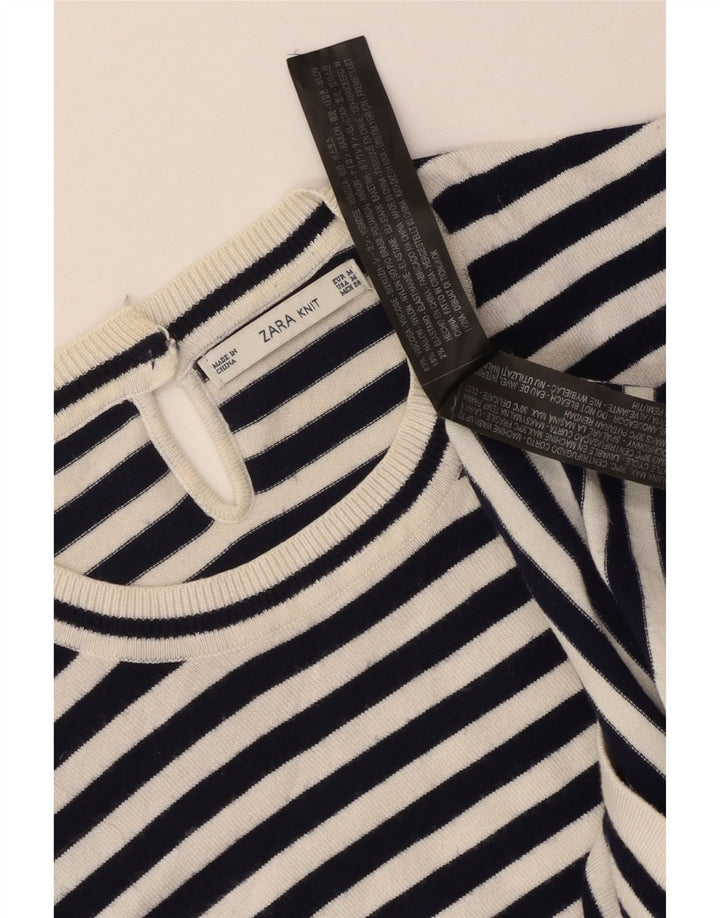 Camiseta feminina Zara UK 12 viscose listrada branca média