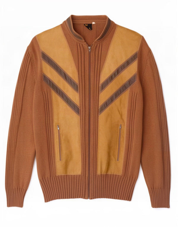 Suéter cardigã masculino vintage IT 56 2XL lã colorblock marrom