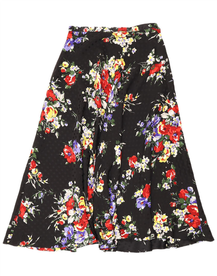 Saia larga feminina vintage W26 pequena floral preta