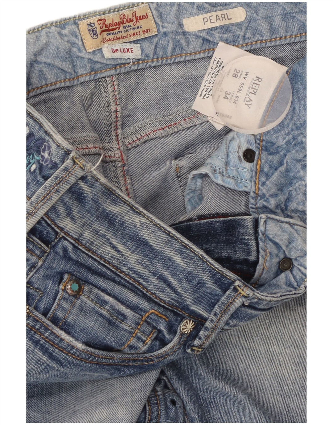 REPLAY Jeans feminino Pearl Slim W28 L34 azul floral algodão