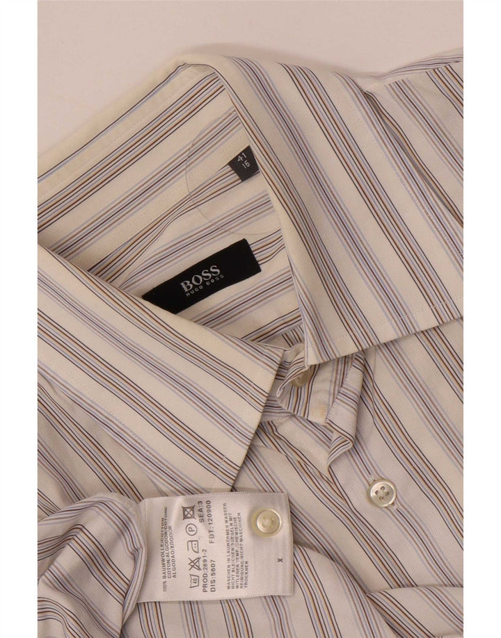 Camisa masculina Hugo Boss tamanho 41 16 grande algodão listrado branco