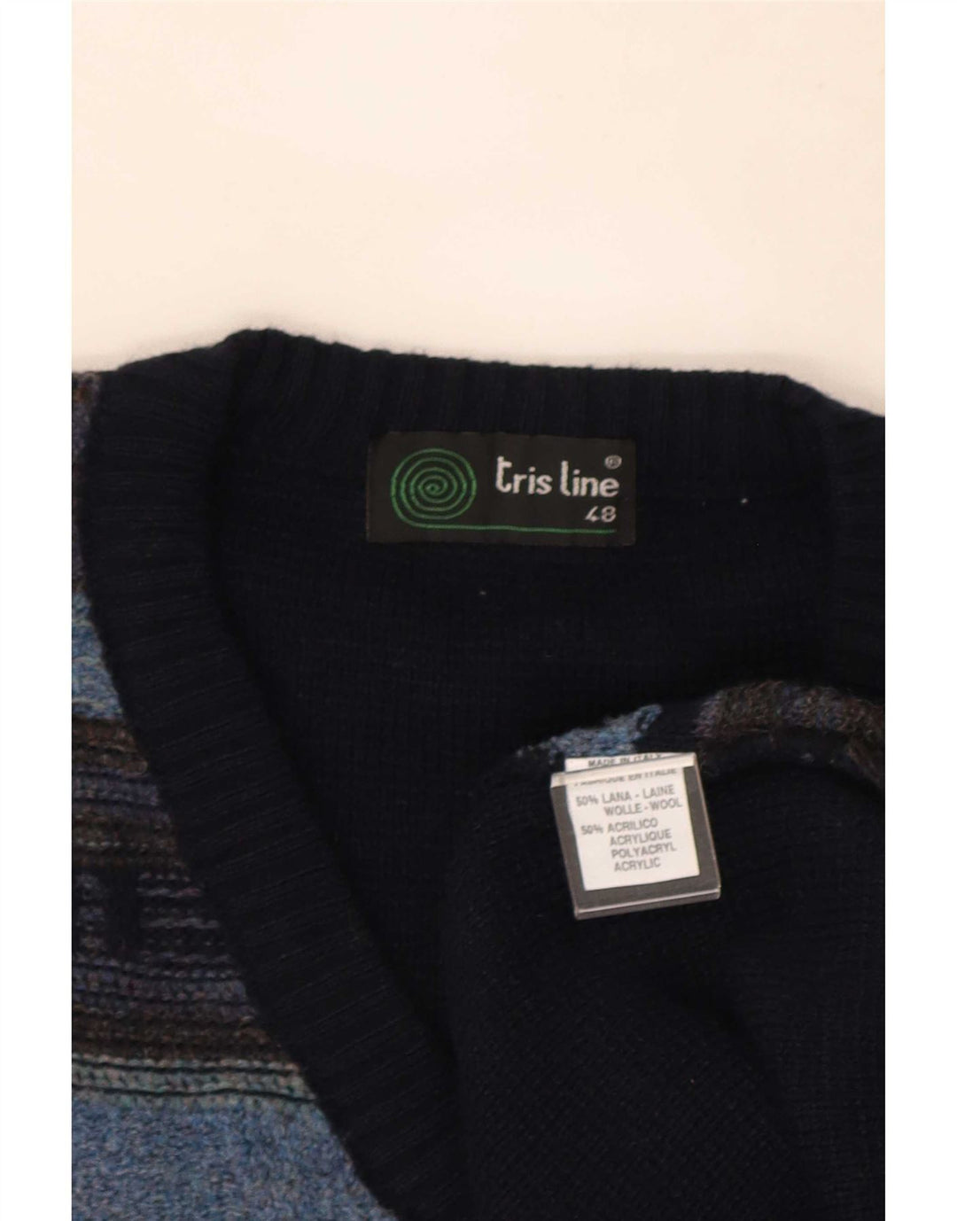 Suéter masculino Tris Line com decote em V IT 48 lã listrada azul marinho médio