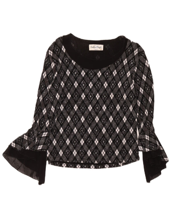 Blusa feminina vintage de manga comprida UK 10 acetato geométrico cinza pequeno