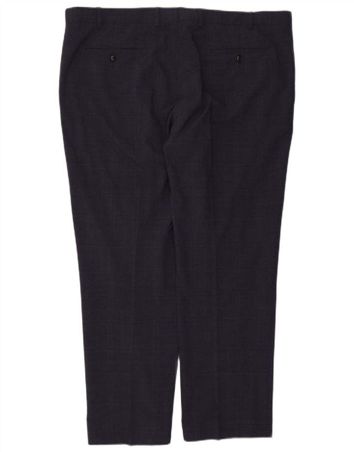 Calça masculina de terno regular Marks & Spencer W42 L29 azul marinho xadrez lã