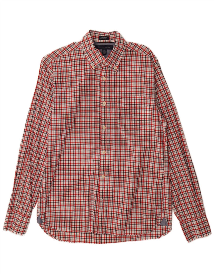 Camisa masculina Tommy Hilfiger Custom Fit pequena vermelha xadrez de algodão