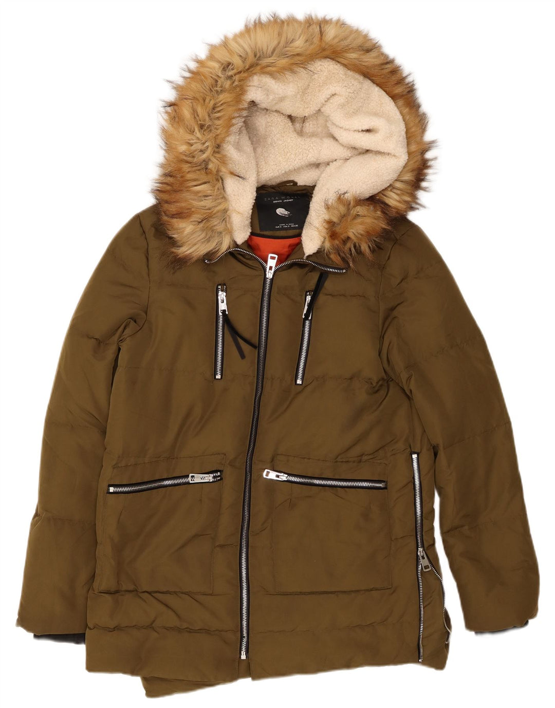 Jaqueta acolchoada com capuz feminina Zara UK 10 poliéster cáqui pequeno