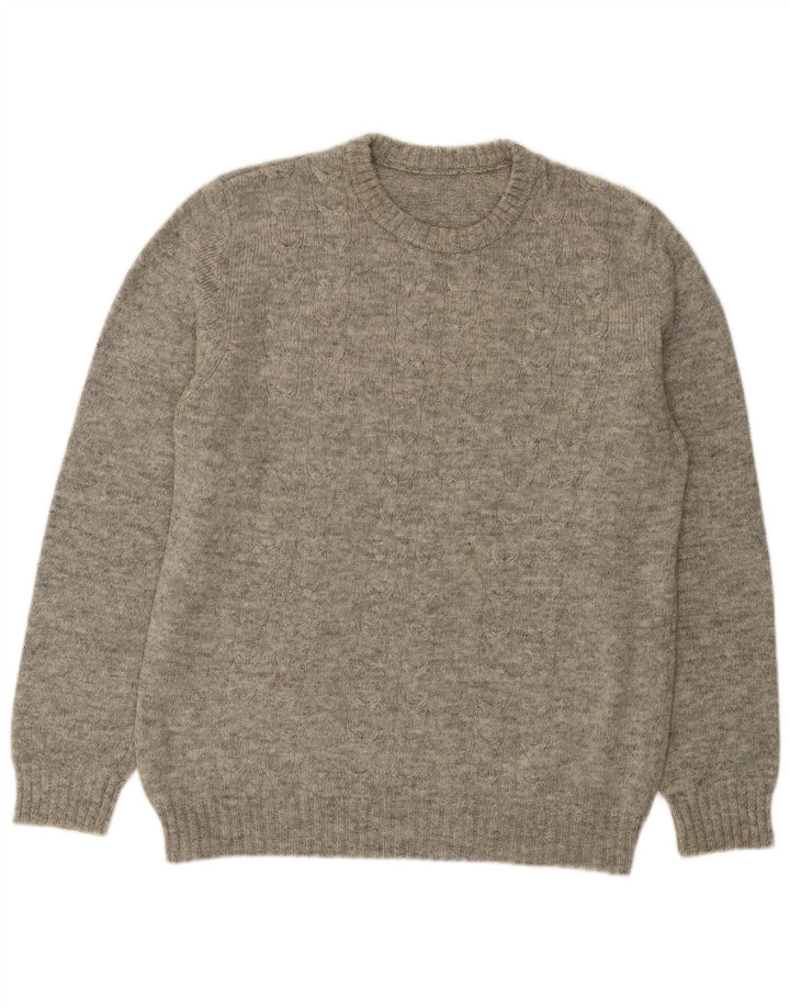Suéter masculino vintage com gola redonda, cinza médio manchado